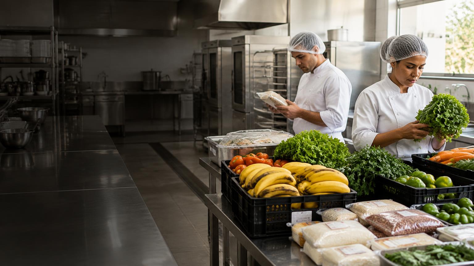Equipe em uma cozinha profissional conferindo insumos para aproveitamento